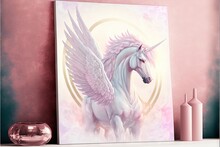  A Painting Of A Unicorn With Wings On A Shelf Next To A Vase And A Vase With A Pink Flower In It And A Pink Vase With A Pink Background And Gold Circle With A White. Generative Ai