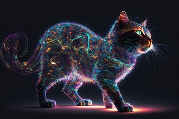  a cat with a lot of lights on it's body and tail, standing in the dark, with its eyes open and tail curled up, with a glowing tail, with a black background. generative ai