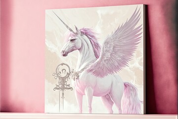 Poster -  a painting of a pink unicorn with wings on a pink wall above a shelf with a mirror on it and a key hanging from the wall behind it, with a pink background, with. generative ai