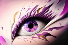  A Close Up Of A Purple Eye With A Pink Background And Gold Accents On It's Iris And Irises, With A Black Eyeball In The Center Of The Eye, And A Pink Background With Gold. Generative Ai