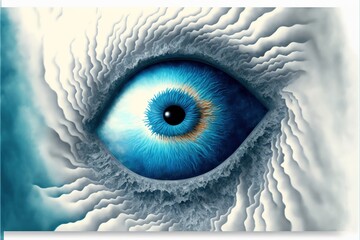 Wall Mural -  a blue eye with a white background and a blue background with a white background and a blue eye with a yellow center and a blue center and white background with a white border and blue. generative ai