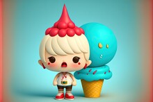  A Little Boy Standing Next To A Blue Ice Cream Cone With A Weird Looking Face On It's Face And A Blue Ice Cream Cone With A Sprinkle On It's Head. Generative Ai