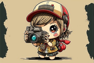 Wall Mural -  a cartoon girl with a camera taking a picture of something on a beige background with a grungy effect behind her is a hat and a red cap on her head is holding a camera. generative ai