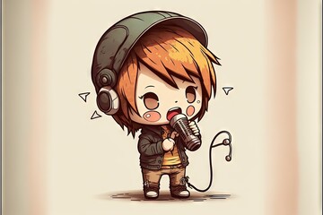 Wall Mural -  a cartoon character with headphones on holding a microphone and singing into a microphone with a cord in his mouth and a microphone in his hand, on a beige background with a  Generative AI