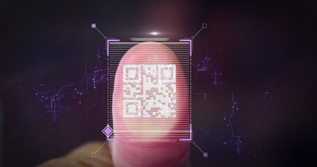 Composition of data processing with qr code and finger on black background