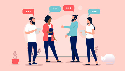 Aufkleber - Group discussion - Business people in casual office clothes talking and discussing work and project. Flat design vector illustration