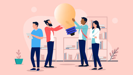 Fototapete - People with idea - Team of business characters working with big light bulb in office, thinking and contemplating. Brainstorming concept, flat design vector illustration