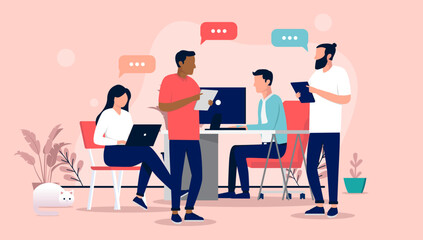 Poster - People in office conversation - Group of vector characters at work talking and having discussion with speech bubbles. Flat design