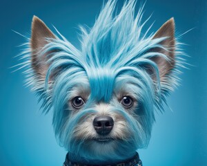 Poster - Dog with a blue shaggy hairstyle, created with Generative AI technology. Pet grooming concept.