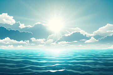 Sticker - Natural background of calm summer marine blue with sunbeams. clouds in the white sky and the sea. Summer vacation concept with copy space. Generative AI