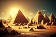 Egyptian stone pyramids are being illuminated by the sun. concept art for fantasy. bright desert. earlier Egypt. digital illustration with a grainy texture and surface imperfections. Generative AI