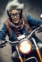 Cool Biker Grandma, Grandmother On A Fast Motorcycle, Cool Senior Woman Action Shot, Generative Ai