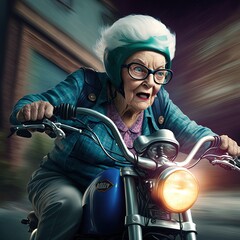 Wall Mural - Cool biker grandma, grandmother on a fast motorcycle, cool senior woman action shot, generative ai