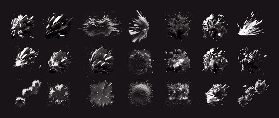 Cloud dust explosion set. Dust cloud, sandstorm, powder spray on a dark background. A white cloud of dust and sand after an explosion or comet impact. Realistic vector graphics
