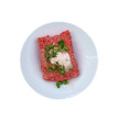 Beef plate on white background. There are photo and vector versions for design idea. To prepare for cooking, raw beef is grounded, marinated with salt, sugar, minced black pepper, scallion, shallots