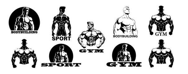 Bodybuilder logo template isolated on white background. Black and white. Badges for sports label, gym badge, fitness logo design, emblem. Graphics Sport Symbol. Vector illustration