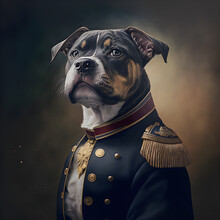 A Portrait Of A Dog Wearing Historic Military Uniform. Pet Portrait In Clothing.