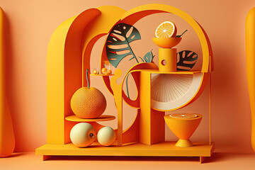 Wall Mural - stand for product display with an orange background and abstract geometric shapes. Generative AI