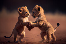 Two Fighting Baby Lions In The African Savanna 
