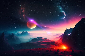 Wall Mural - night starry sky and moon nebula and stars flare light background generated ai