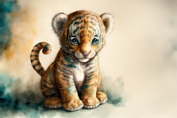 Wall Mural - Baby tiger sitting watercolor, Generative AI