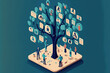 © AkuAku - Business illustration of a wooden tree with people icons on a blue table, showing the concepts of human resources and management. Generative AI