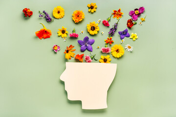 Human head symbol and flowers on blue background. World mental health day concept