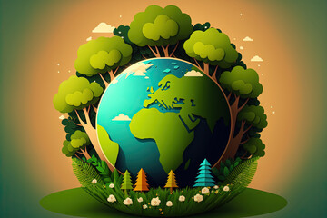 Sticker - Globe in s with a green, natural background in an environment saving, clean the planet, and ecology related design for World Earth Day. Generative AI