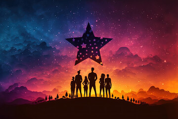 Wall Mural - Silhouette peoples holding star with colorful dramatic sky at sunset. Service rating, satisfaction concept. Generative AI