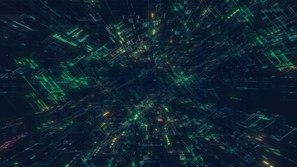 Wall Mural - Flying movement at digital space sci fi tunnel with hi tech information 