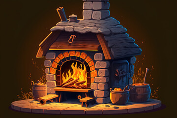 Poster - Burning firewood in fire box of fireplace in country cottage. Rustic cooking oven with burning logs. Generative AI