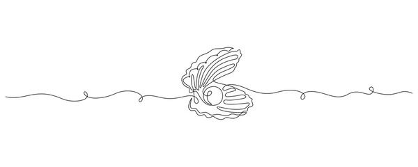 Poster - Continuous one line drawing of open oyster shell with pearl. Seashell symbol and banner of beauty spa and wellness salon in simple linear style. Editable stroke. Outline Vector illustration