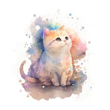 Fluffy Yellow Tabby Kitten Looking Up, Watercolor Illustration For Pet Shop And Veterinary Clinics And For Cat Lovers