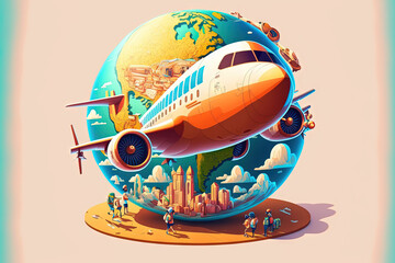 Canvas Print - explore the globe. boarding a plane. globe with an airplane on it. Generative AI