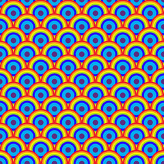 Rainbow overlapping repeating circles background. Japanese style circles  pattern. Endless repeated texture. Modern spiral abstract geometric pattern tiles.	