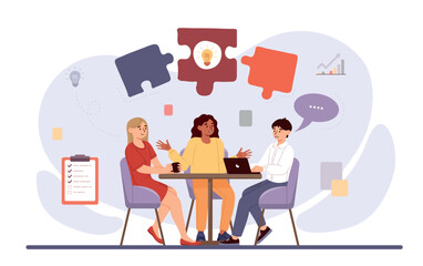 Cooperative teamwork concept. Man and women sit at table and discuss project. Brainstorming and insight, collaboration, teamwork and partnership, cooperation. Cartoon flat vector illustration