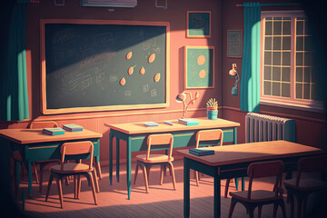 Canvas Print - Empty classroom with chairs, desks and chalkboard. Generative AI