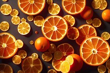 Orange Slices On Brown Background. Generative AI. 