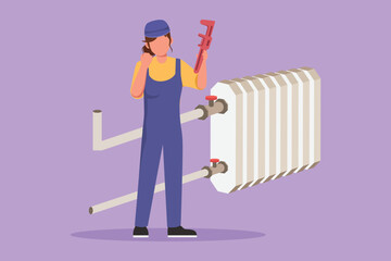 Wall Mural - Character flat drawing cute female plumber standing with celebrate gesture and holding carpentry tool ready to work fixing broken plumbing at home. Success business. Cartoon design vector illustration