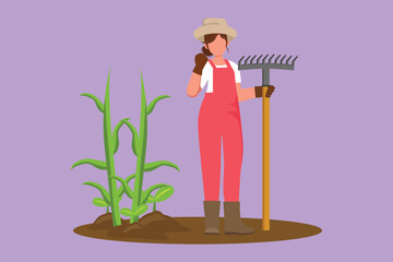 Wall Mural - Character flat drawing female farmer standing with celebrate gesture, wearing straw hat, carrying rake to plant crop or harvest farmland. Rural agricultural worker. Cartoon design vector illustration