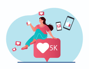 Wall Mural - woman with like. reaction for instant messengers and social networks. communication and interaction 