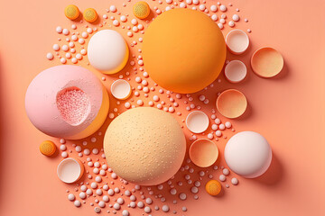 Canvas Print - Flat lay of vibrant bath bombs, pink salt, and soap bubbles against a soft orange background. Spa background and concept. Generative AI