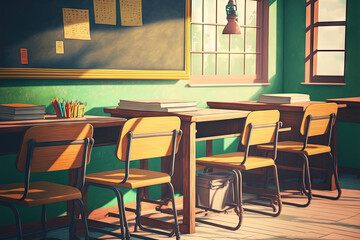 Wall Mural - Empty School classroom with desks chair wood, and green board in high school Thailand, vintage tone education concept. Generative AI