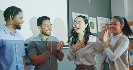 Leinwandbilder - Happy team, handshake and celebrate high five success for business meeting, partnership deal and b2b agreement. Teamwork celebration, shaking hands and thank you, support hands and happy in office
