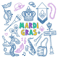 Wall Mural - Mardi Gras doodle set. Carnival masks and party decorations. Hand drawn vector illustration isolated on white background. Outline stroke is not expanded, stroke weight is editable