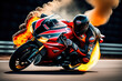 Generative AI: Motorcycle rider driving through fire and flames