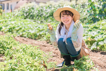 Poster - 畑でじゃがいもを掘る農家・生産者の女性・主婦（アジア人・日本人・中国人）