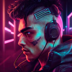 Wall Mural - portrait of a sci-fi cyberpunk man. high-tech futuristic man from the future. the concept of virtual