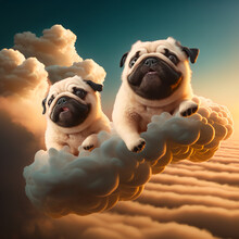 Cloud Surfing Pugs: Two Pugs Riding The Waves Of A Cloud, Generated By AI