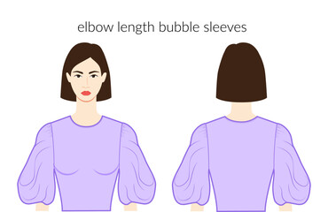 Bubble sleeves elbow length short clothes - character beautiful lady in lavender top, shirt, dress technical fashion illustration with elbow length. Flat apparel template. Women, men unisex CAD mockup